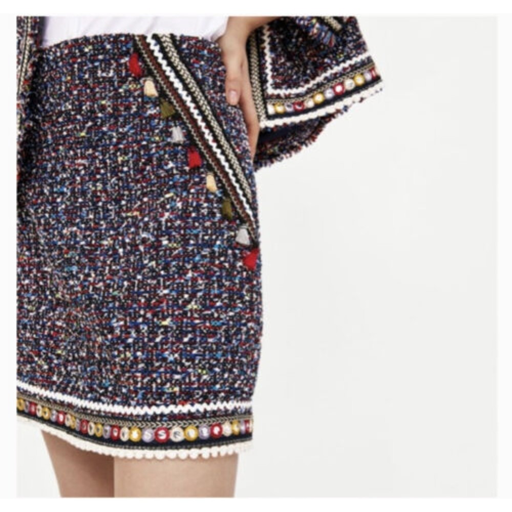 Zara Woman (FP to Love) Tweed Skirt With Tassel Trim Multicolor Sz M NWT